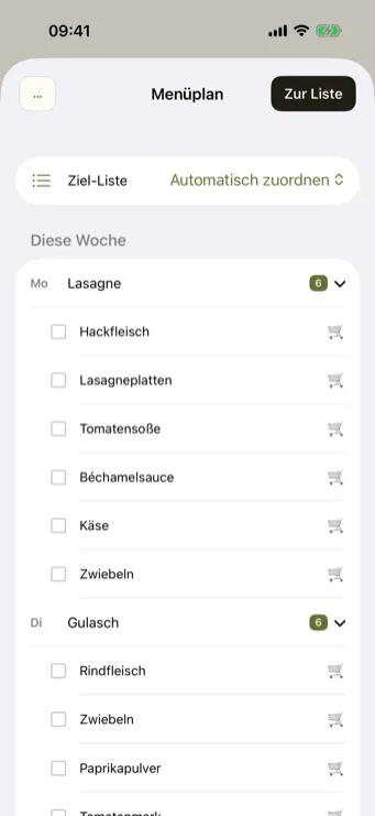 Restock Menüplan mit geplanten Tagen (Lasagne, Gulasch) und automatisch erkannten Zutaten