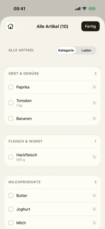 Restock Gesamtliste nach Produktart gruppiert: Obst & Gemüse, Fleisch & Wurst, Milchprodukte — mit Umschalter zur Läden-Ansicht