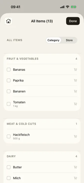 Restock full list grouped by category: Fruit & Vegetables, Meat & Deli, Dairy — with a switch to the store view