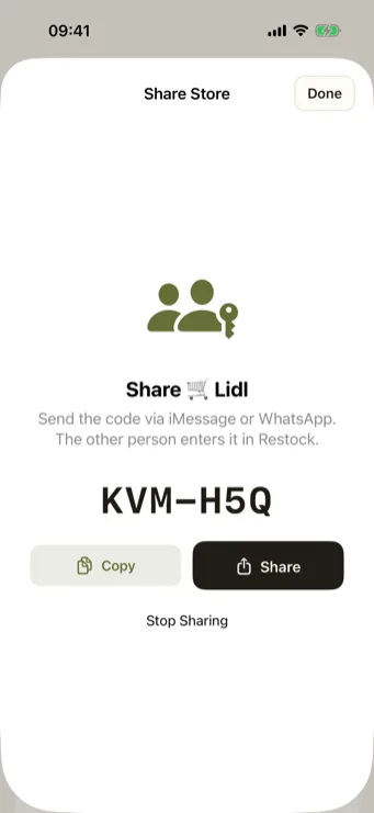Restock sharing a list via a generated code, no account needed