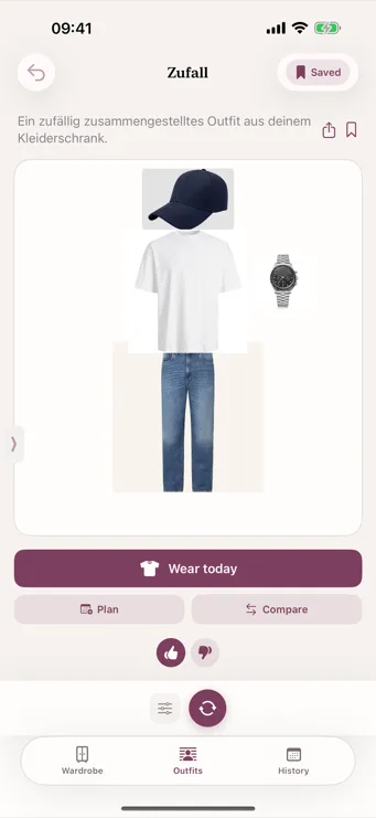 Dresslyst outfit suggestion with thumbs-up and thumbs-down feedback buttons