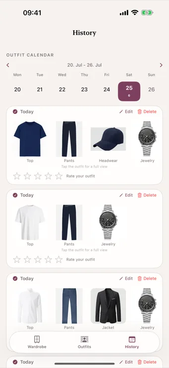 Dresslyst history with outfit calendar and worn clothing items