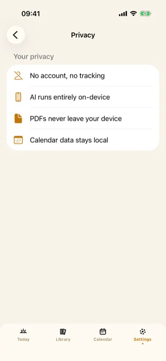 Sunwake privacy view: no account, AI runs entirely on the device